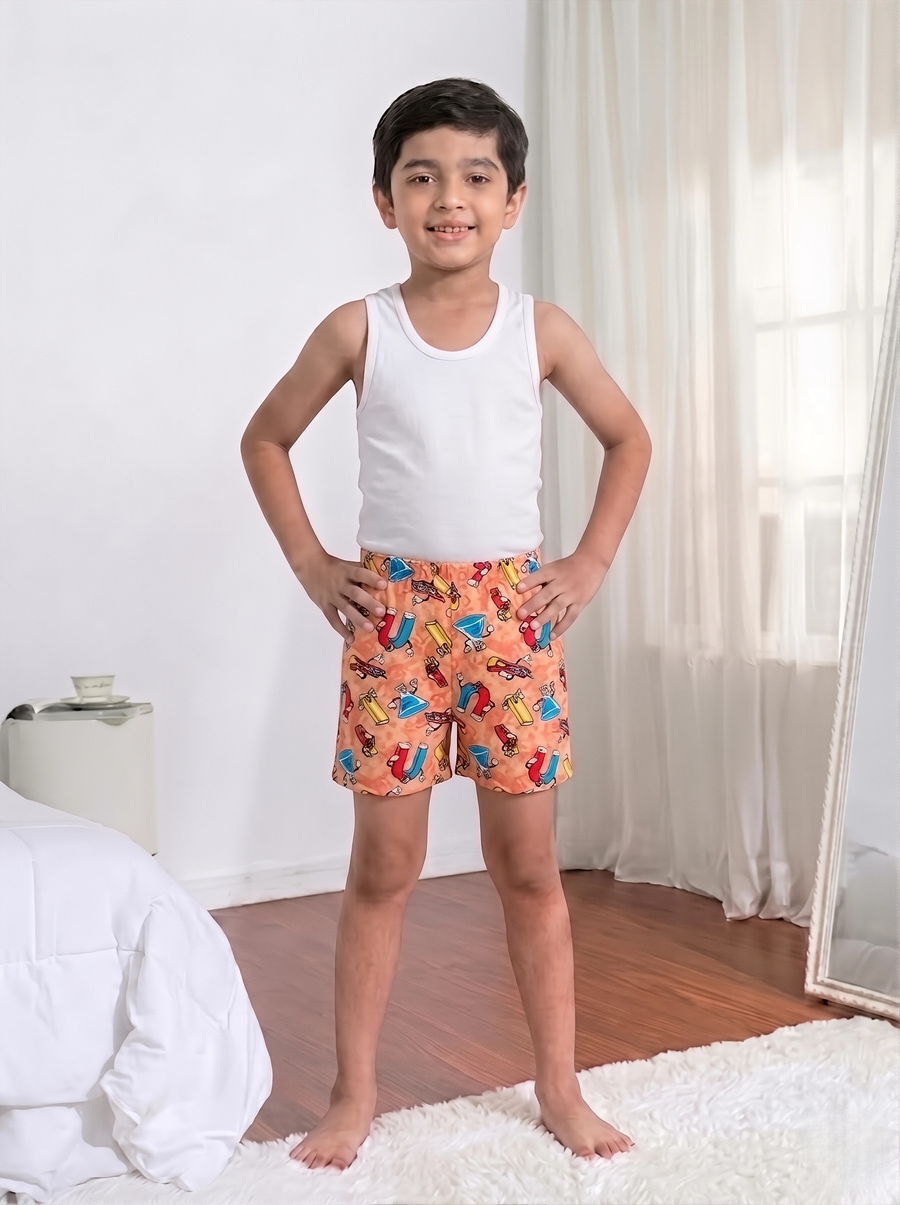 Boys Holy Print Cotton Boxer Shorts – Soft, Breathable & Comfortable Kids-Peach Orange